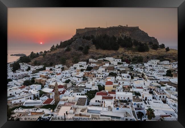 Sunrise over Lindos town, Rhodes, Greece Framed Print by Martin Williams