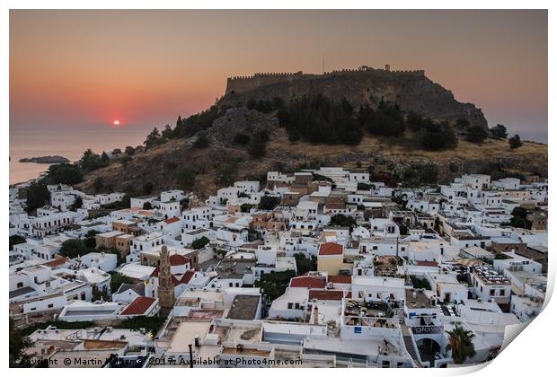 Sunrise over Lindos town, Rhodes, Greece Print by Martin Williams