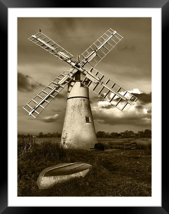 Thurne Windmill HDR Sepia Framed Mounted Print by Paul Macro