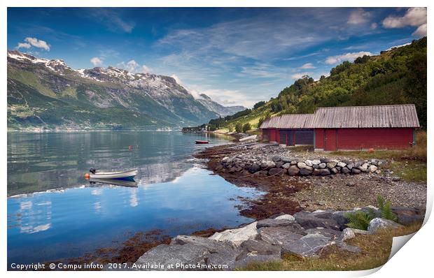 red houses and a boat in the fjord in norway Print by Chris Willemsen