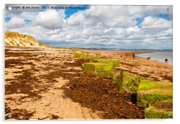 Druridge Bay seaweed and WWII tank traps Acrylic by Jim Jones