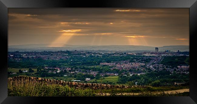 Sunrays over Greater Manchester. Framed Print by Jeni Harney