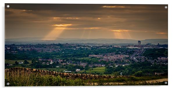 Sunrays over Greater Manchester. Acrylic by Jeni Harney