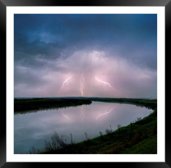 Kightning Strikes over the River Darent Framed Mounted Print by Adrian Campfield