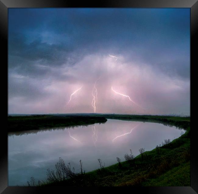Kightning Strikes over the River Darent Framed Print by Adrian Campfield