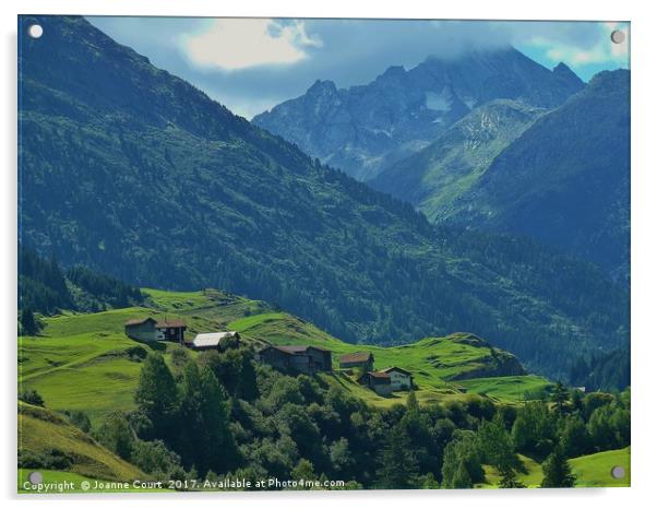 Village nestled in the Swiss Alps. Acrylic by Joanne Court