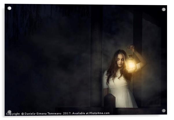 Scary woman with lantern in night scene Acrylic by Daniela Simona Temneanu