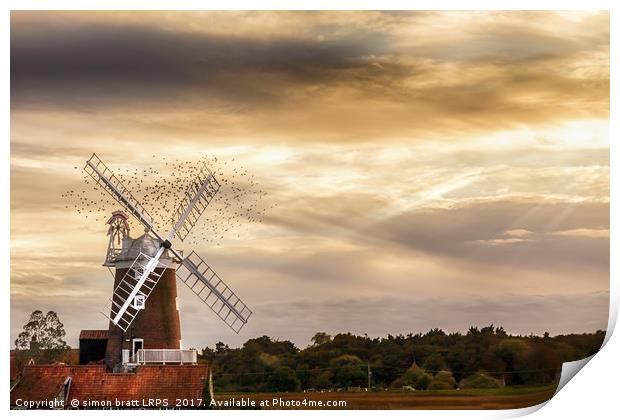 Cley windmill Norfolkwith flock of birds at sunse Print by Simon Bratt LRPS
