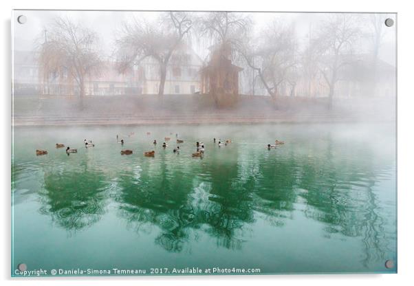 Flock of ducks on a foggy river Acrylic by Daniela Simona Temneanu