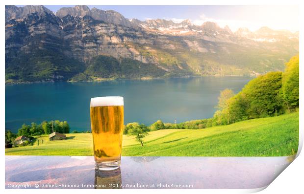 Glass of beer in a summer alpine scenery Print by Daniela Simona Temneanu