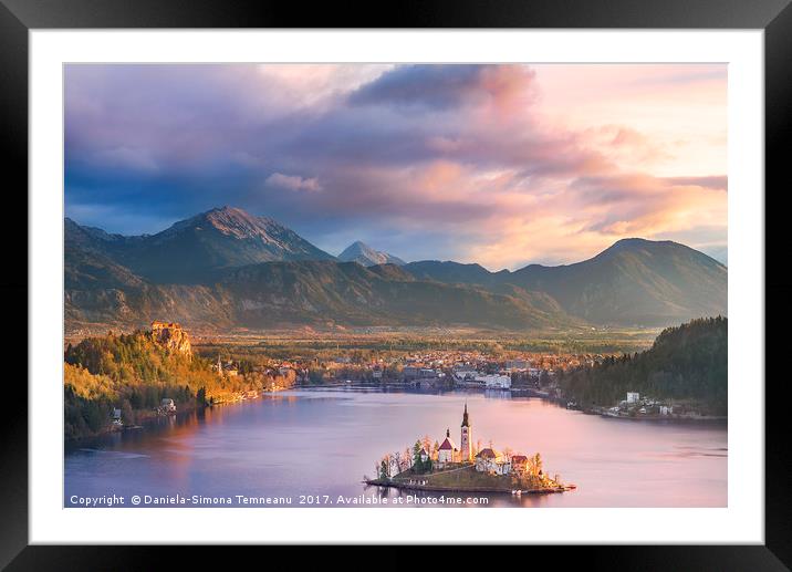 Lake Bled and its island at sunrise Framed Mounted Print by Daniela Simona Temneanu