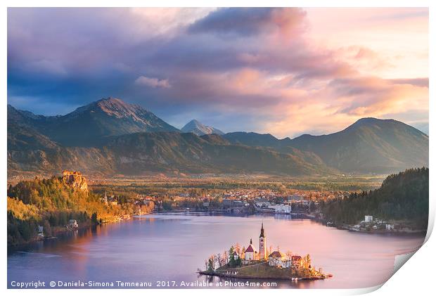 Lake Bled and its island at sunrise Print by Daniela Simona Temneanu