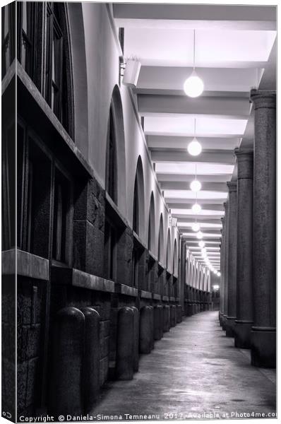 Long passage with elegant columns and lights Canvas Print by Daniela Simona Temneanu