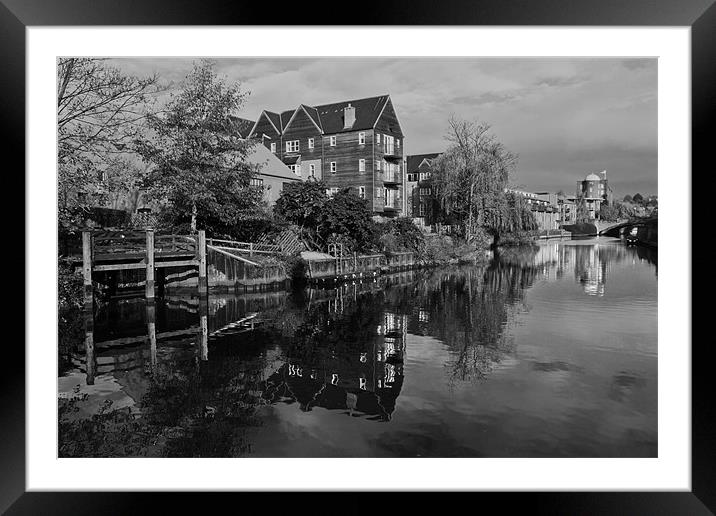 River Wensum Reflection in Norwich MONO Framed Mounted Print by Paul Macro