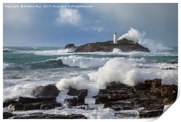 Stormy Evening at Godrevy Print by Andrew Ray