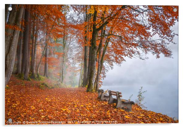 Misty lake shore and autumn woods Acrylic by Daniela Simona Temneanu