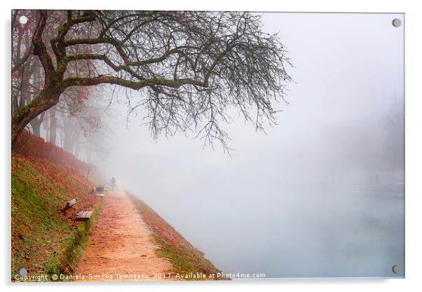 Path in autumn mist along the river Acrylic by Daniela Simona Temneanu