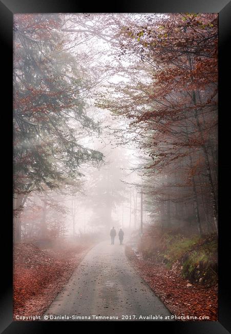 Road through autumn forest and mist Framed Print by Daniela Simona Temneanu