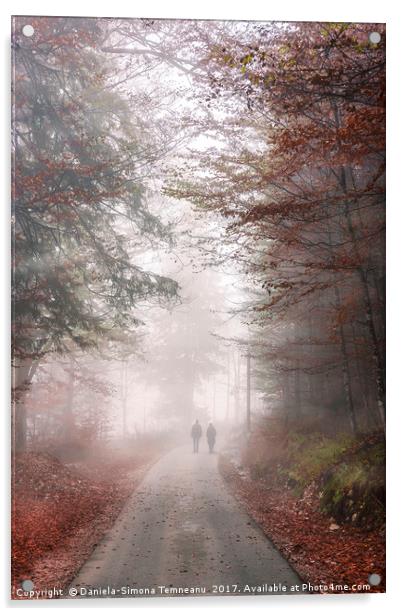 Road through autumn forest and mist Acrylic by Daniela Simona Temneanu