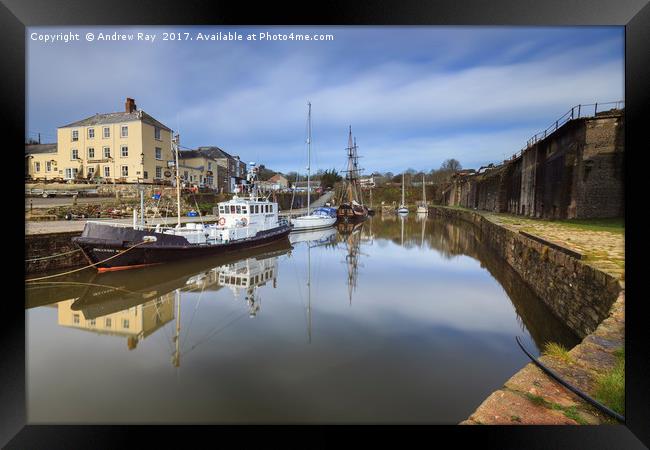 Morning Reflections (Charlestown Dock) Framed Print by Andrew Ray