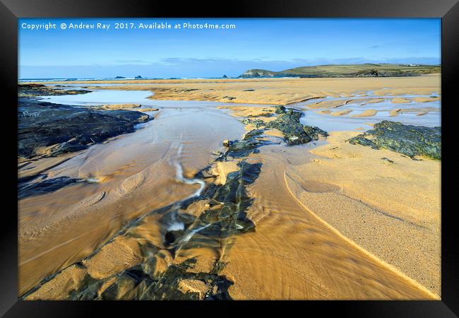 Stream on Constantine Bay Beach. Framed Print by Andrew Ray