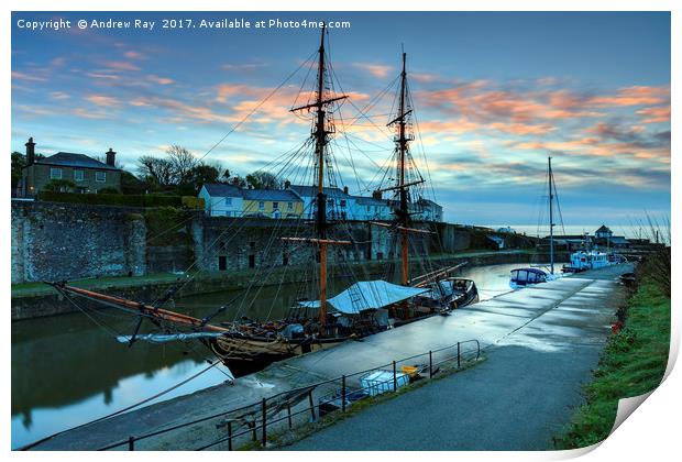 Sunrise over Charlestown Dock Print by Andrew Ray