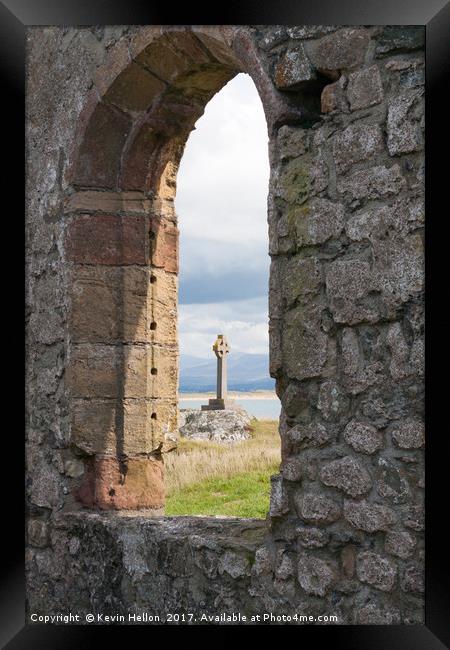 Celtic cross and remains of St Dynwen's church, Ll Framed Print by Kevin Hellon
