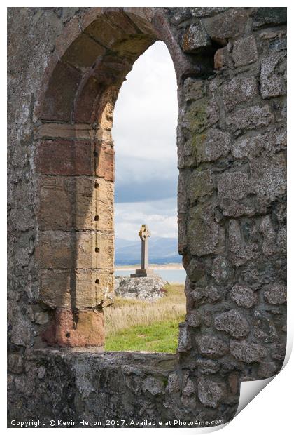 Celtic cross and remains of St Dynwen's church, Ll Print by Kevin Hellon