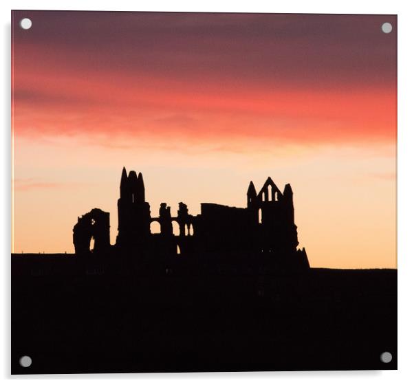 Sunrise behind Whitby Abbey  Acrylic by Janet Mann