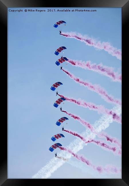 RAF parachute team in free fall.  Framed Print by Mike Rogers