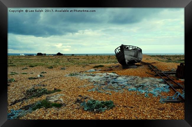 Shipwrecked boat at Dungeness Framed Print by Lee Sulsh