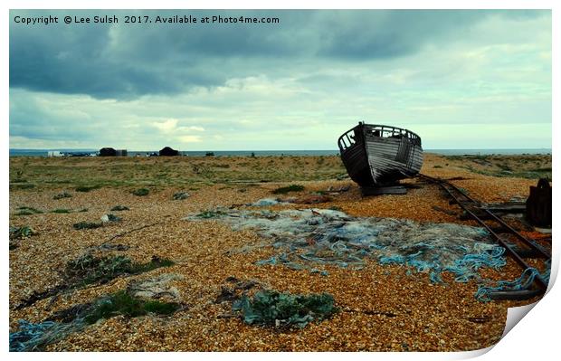 Shipwrecked boat at Dungeness Print by Lee Sulsh