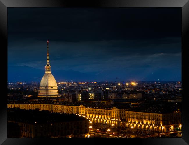 Turin Italy, Mole antonelliana illuminated in the  Framed Print by Mirko Macari