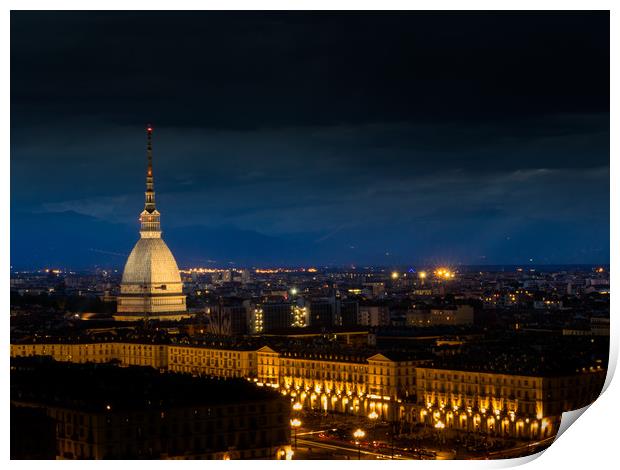 Turin Italy, Mole antonelliana illuminated in the  Print by Mirko Macari
