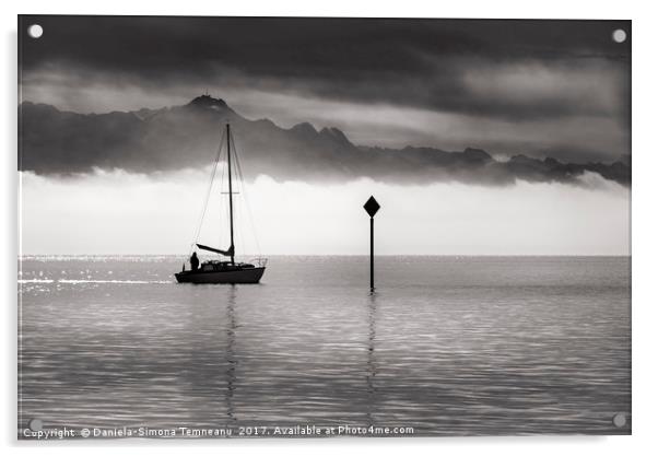 Monochrome image of a single boat sailing Acrylic by Daniela Simona Temneanu