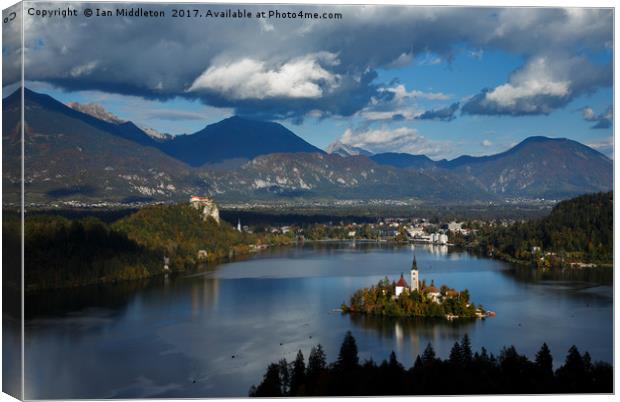 View of Lake Bled from Ojstrica Canvas Print by Ian Middleton