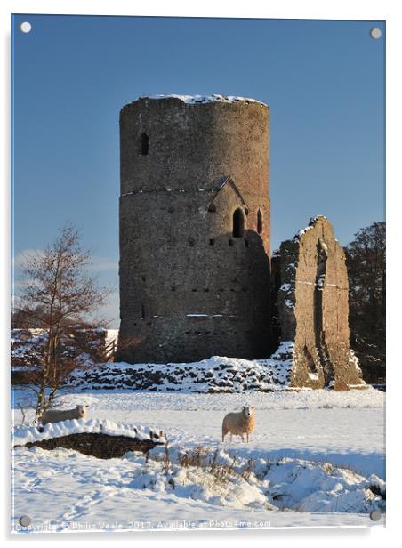 Tretower Castle in Winter. Acrylic by Philip Veale