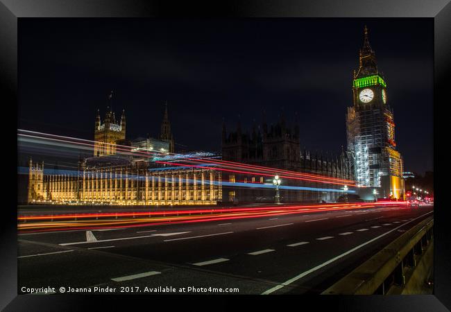 London bus across Westminster Bridge Framed Print by Joanna Pinder