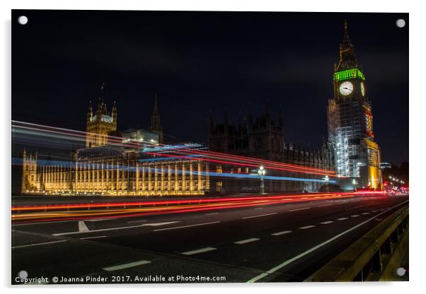 London bus across Westminster Bridge Acrylic by Joanna Pinder