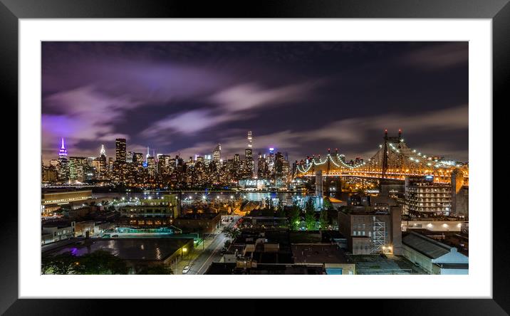 Manhattan Skyline at Night Framed Mounted Print by Paul Mirfin