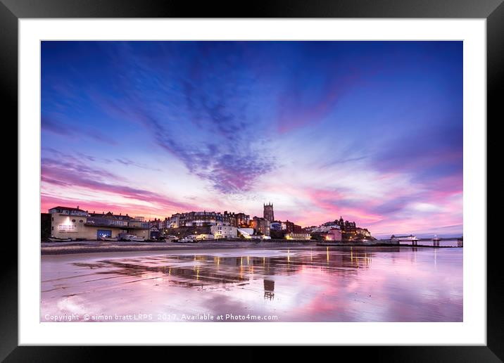 Cromer pier and town in Norfolk with pink sunset Framed Mounted Print by Simon Bratt LRPS