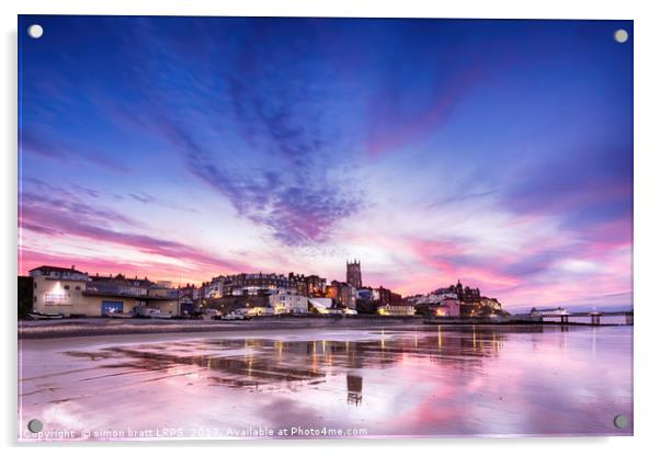 Cromer pier and town in Norfolk with pink sunset Acrylic by Simon Bratt LRPS