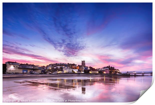 Cromer pier and town in Norfolk with pink sunset Print by Simon Bratt LRPS