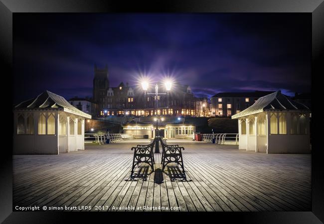 Cromer pier Norfolk at night looking towards town Framed Print by Simon Bratt LRPS