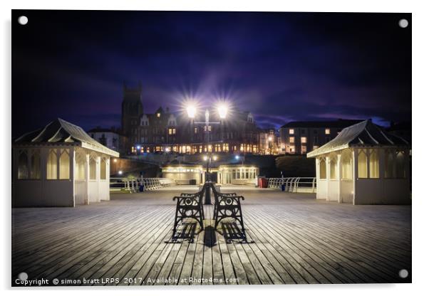 Cromer pier Norfolk at night looking towards town Acrylic by Simon Bratt LRPS