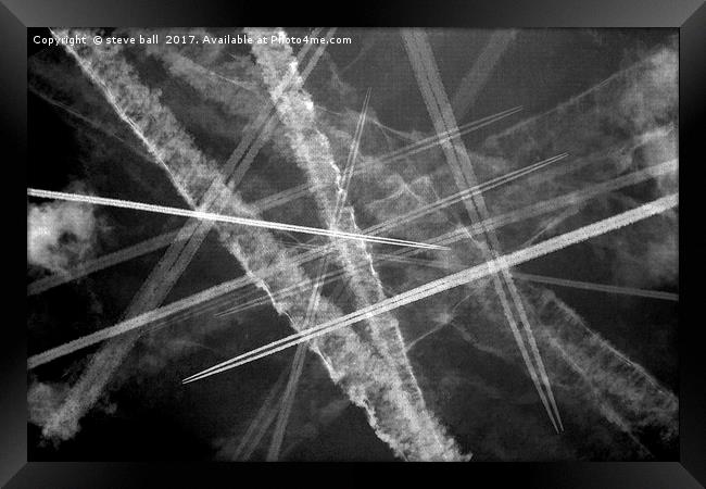 Jet trails in a dark sky Framed Print by steve ball