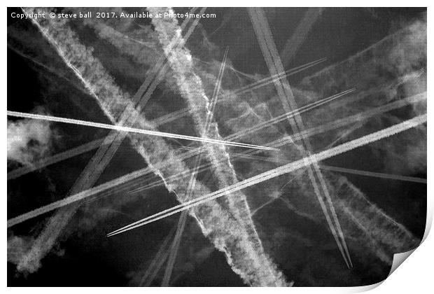 Jet trails in a dark sky Print by steve ball