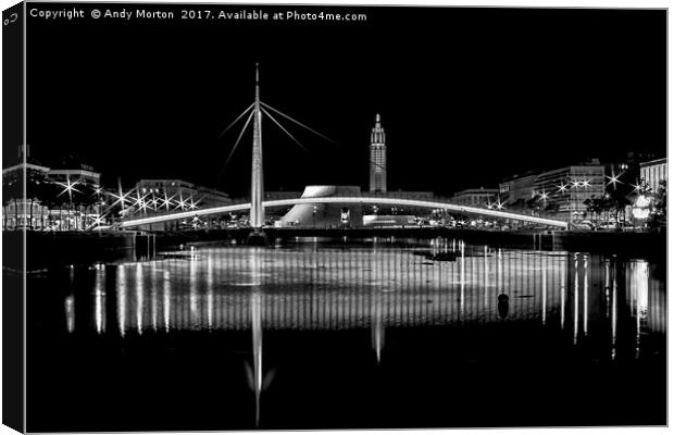 Bassin Du Commerce Bridge At Night In Le Havre, Fr Canvas Print by Andy Morton