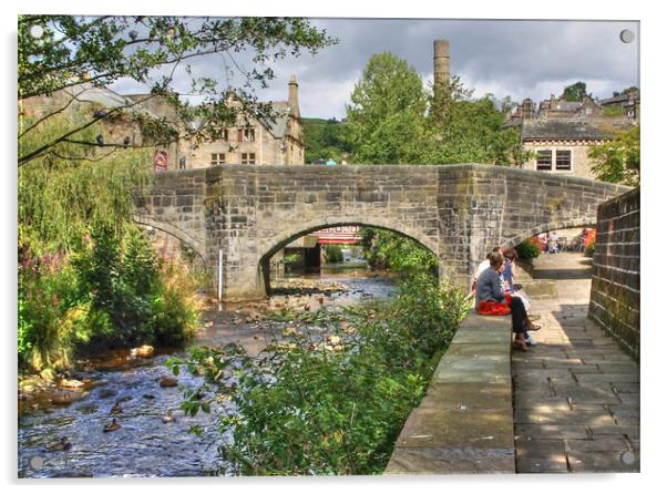 Hebden  Pack Horse Bridge Yorkshire Acrylic by Irene Burdell