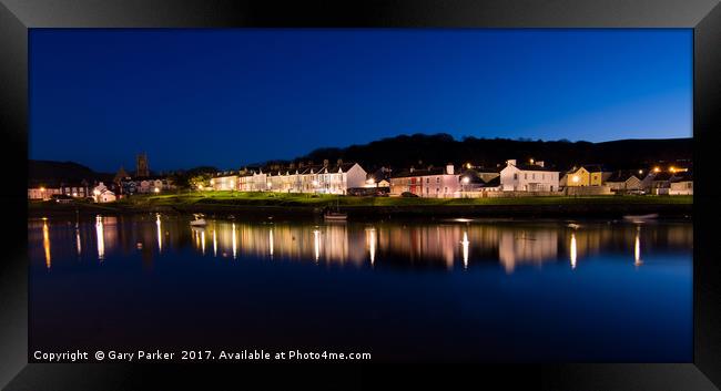 Aberaeron harbour, reflecting its lights at dusk Framed Print by Gary Parker